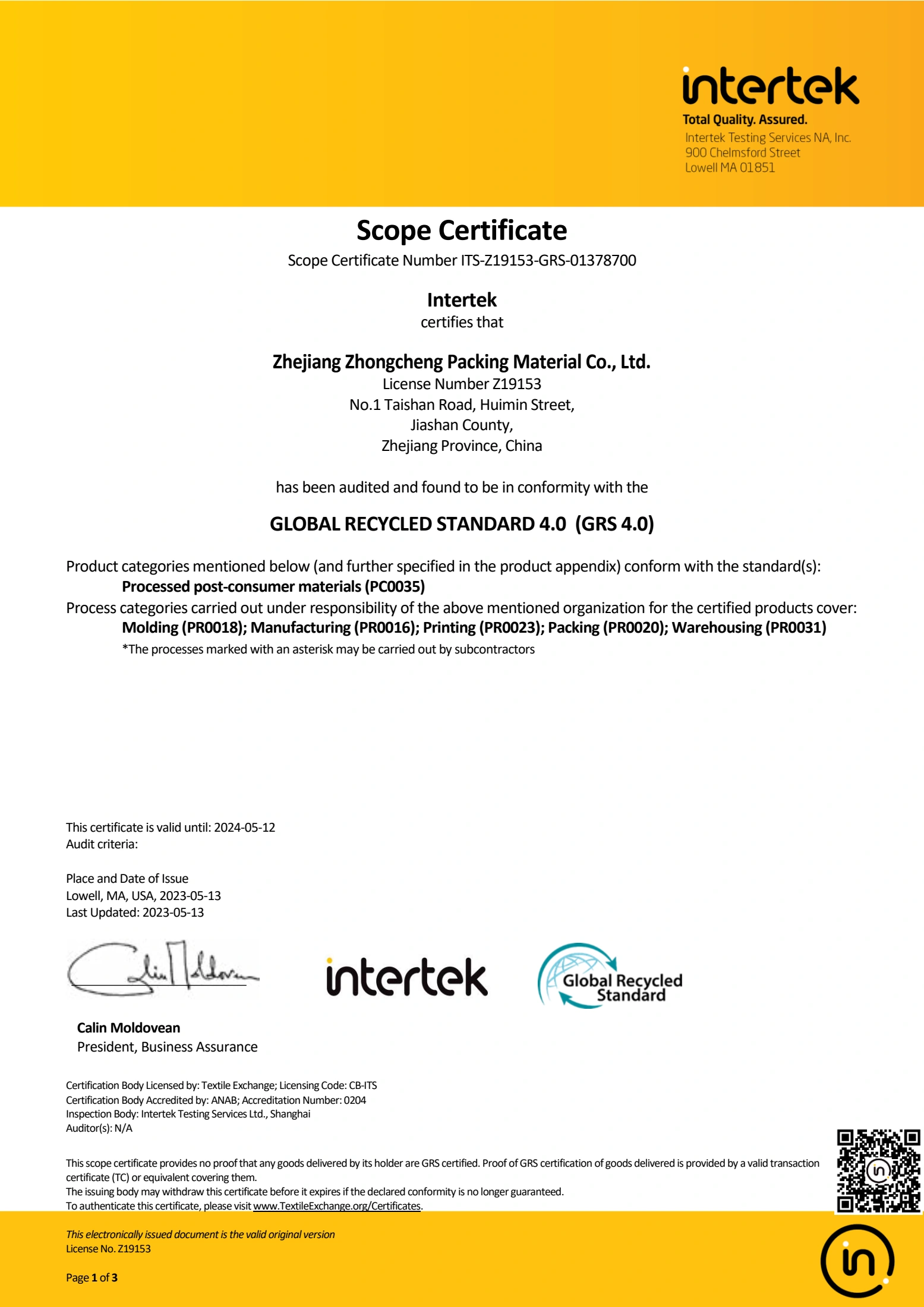 Global Recycled Standard Scope Certificate — original certificate