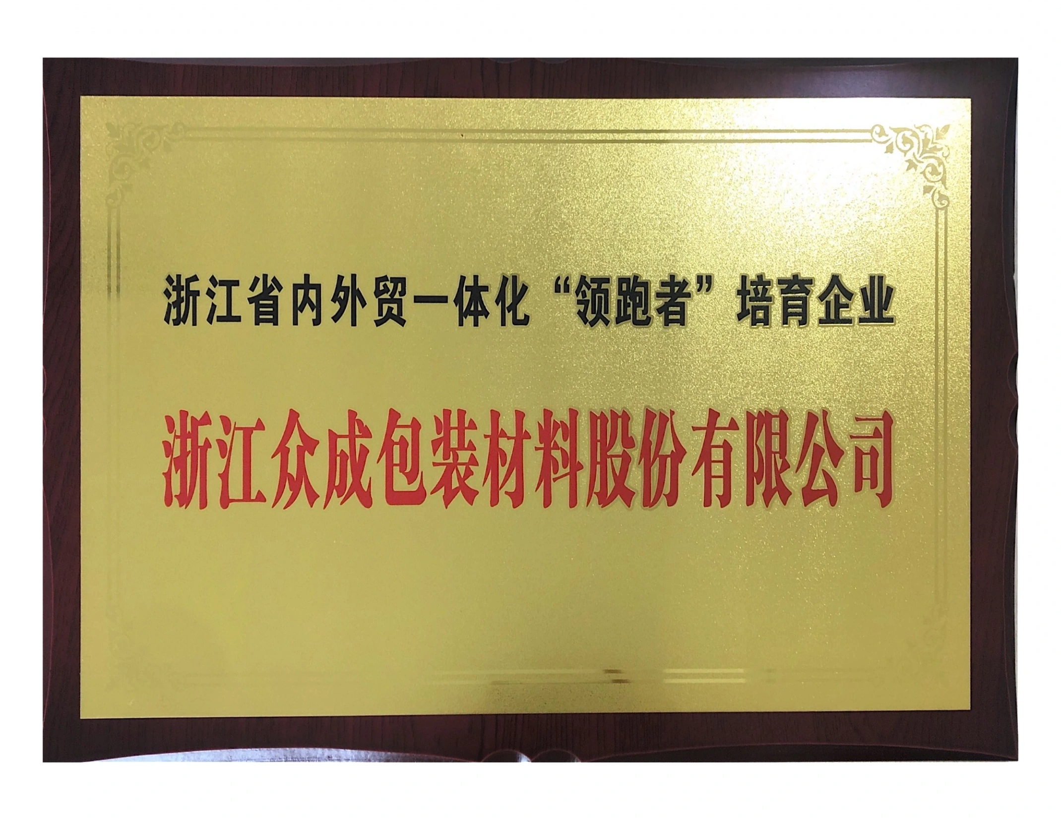 Zhejiang Domestic & Foreign Trade Leading Enterprise — original certificate